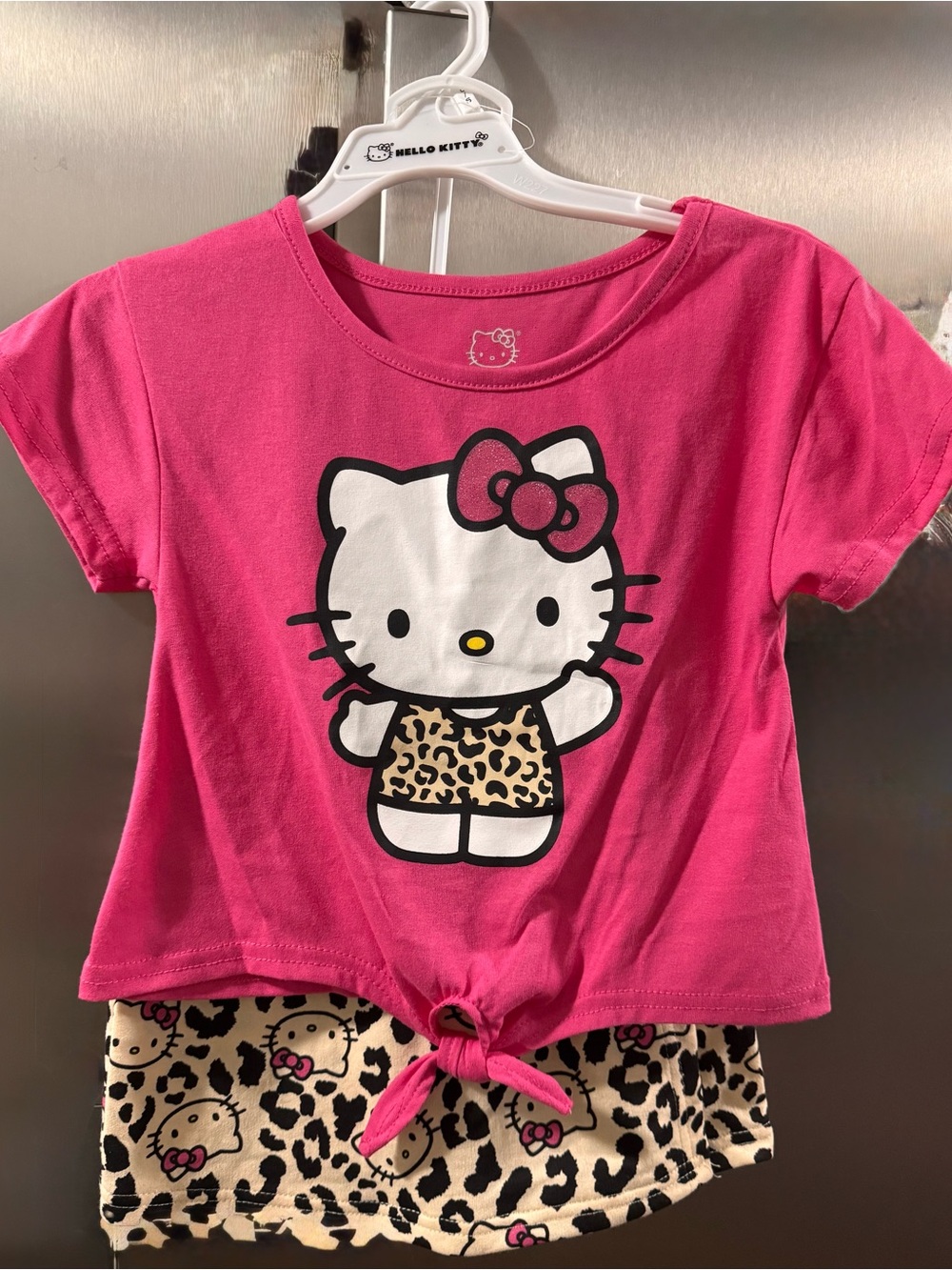 Hello Kitty Pink Short-Sleeve Knot-Front Set with Leopard Print skort